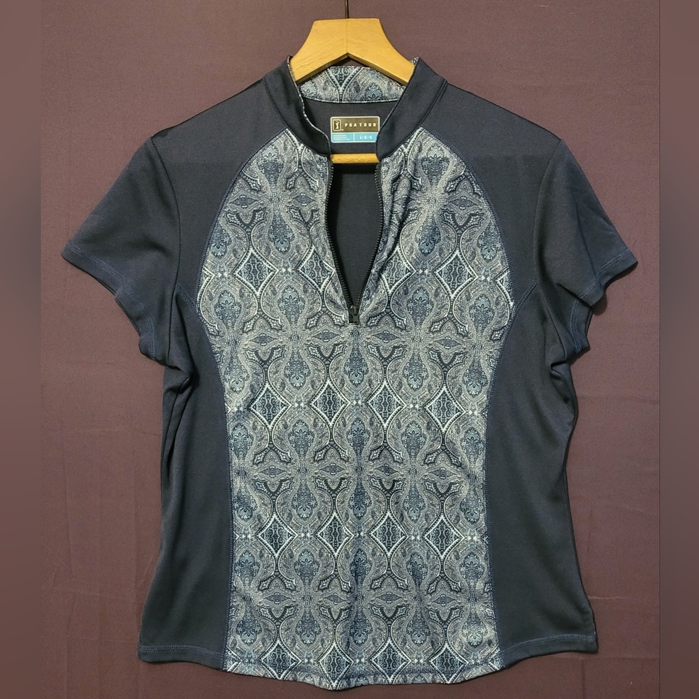 Womens PGA Tour Navy Fitted Graphic Jersey with Mandarin Collar. Size Large - Picture 1 of 5
